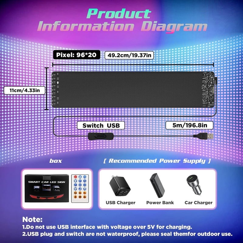 Dienspeak Devil Eyes Light for Windshield, 19.3"x4.3" Led Eyes, Led Flexible Film Screen for Cars, SUVs & Trucks, Programmable USB Matrix Panel, App/Remote Control, Custom Car Sign, IP65 Waterproof - Image 2